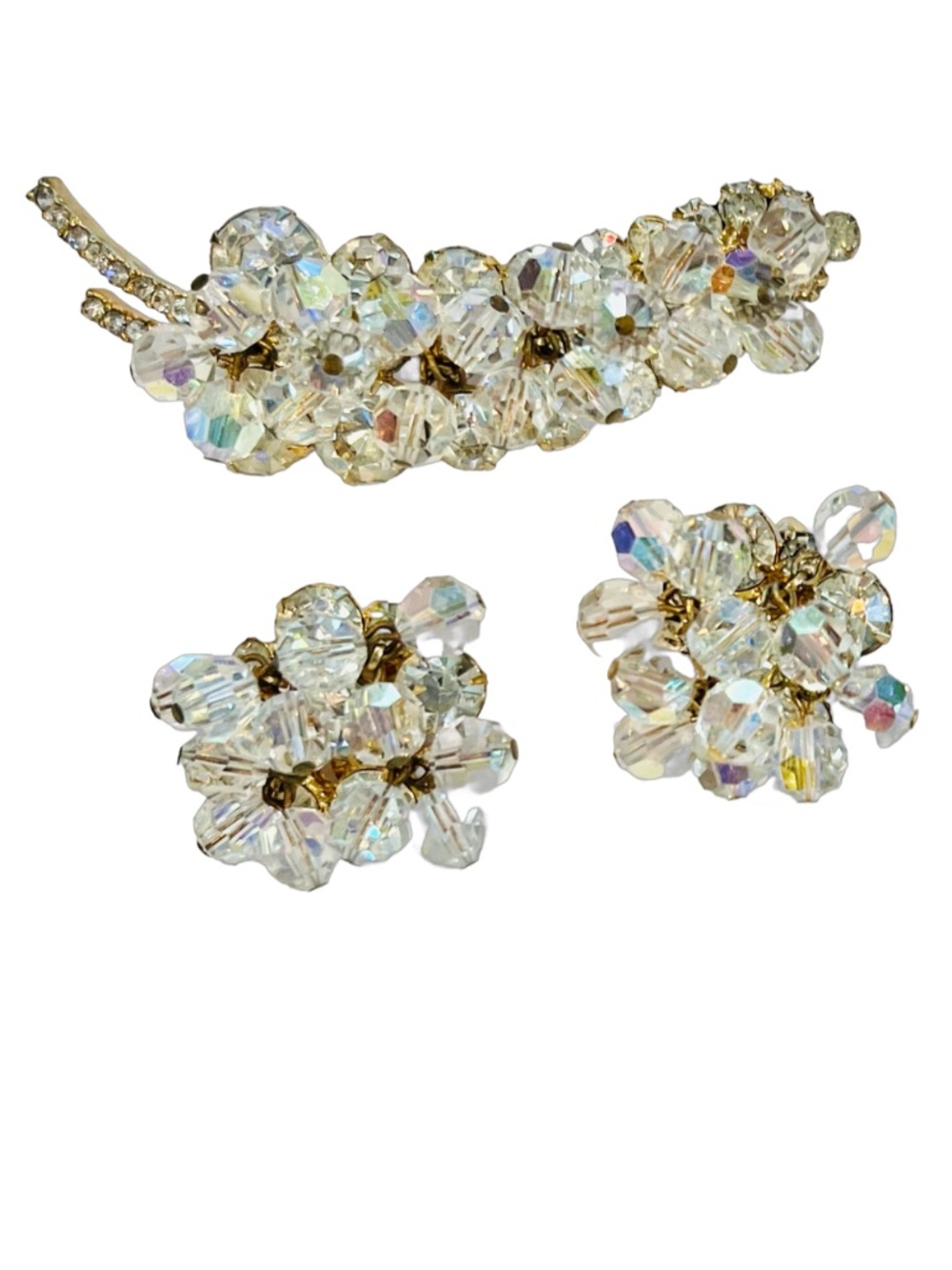 Juliana Brooch and Earrings Aurora Borealis Crystal Dangles and Gold-tone